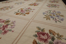 8x10 Ivory, Tan, Green Color Hand Woven French Aubusson Needlepoint  Wool Traditional Oriental Rug