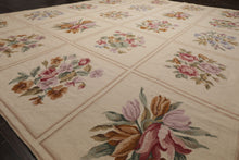 8x10 Ivory, Tan, Green Color Hand Woven French Aubusson Needlepoint  Wool Traditional Oriental Rug