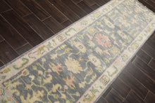 Runner Gray, Mint, Beige Color Hand Knotted Oushak Wool Traditional Oriental Rug