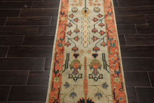 Runner Beige, Burnt Orange, Lime Color Hand Knotted Oushak Wool Traditional Oriental Rug