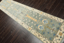 Runner Celadon, Ivory, Caramel Color Hand Knotted Oushak Wool Traditional Oriental Rug