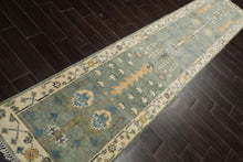 Runner Celadon, Ivory, Caramel Color Hand Knotted Oushak Wool Traditional Oriental Rug