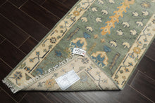 Runner Celadon, Ivory, Caramel Color Hand Knotted Oushak Wool Traditional Oriental Rug