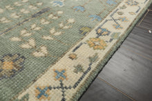 Runner Celadon, Ivory, Caramel Color Hand Knotted Oushak Wool Traditional Oriental Rug