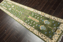 Runner Green, Ivory, Brown Color Hand Knotted Oushak Wool Traditional Oriental Rug