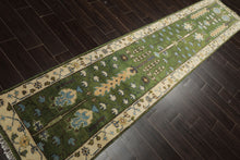 Runner Green, Ivory, Brown Color Hand Knotted Oushak Wool Traditional Oriental Rug