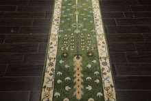 Runner Green, Ivory, Brown Color Hand Knotted Oushak Wool Traditional Oriental Rug