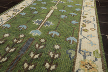 Runner Green, Ivory, Brown Color Hand Knotted Oushak Wool Traditional Oriental Rug