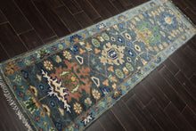 Runner Slate, Blue, Blush Color Hand Knotted Oushak Wool Traditional Oriental Rug