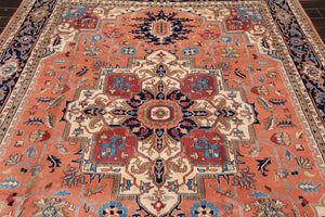 8X10 Peach Hand Knotted Traditional Heriz Medallion Wool Oriental Area Rug