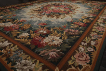 9x12 Teal, Aqua, Ivory Color Hand Woven Aubusson Needlepoint  Wool Traditional Oriental Rug