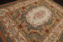 8x10 Ivory, Green, Gold Color Hand Woven Aubusson Needlepoint  Wool Traditional Oriental Rug