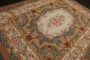 8x10 Ivory, Green, Gold Color Hand Woven Aubusson Needlepoint  Wool Traditional Oriental Rug