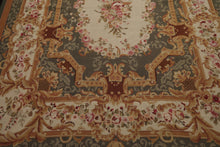 8x10 Ivory, Green, Gold Color Hand Woven Aubusson Needlepoint  Wool Traditional Oriental Rug
