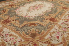 8x10 Ivory, Green, Gold Color Hand Woven Aubusson Needlepoint  Wool Traditional Oriental Rug