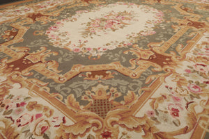 8x10 Ivory, Green, Gold Color Hand Woven Aubusson Needlepoint  Wool Traditional Oriental Rug