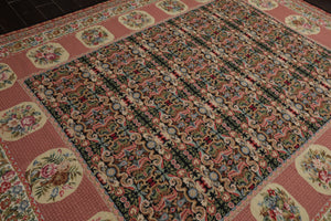 8x10 Black, Rose, Ivory Color Hand Woven Aubusson Needlepoint  Wool Traditional Oriental Rug