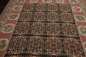 8x10 Black, Rose, Ivory Color Hand Woven Aubusson Needlepoint  Wool Traditional Oriental Rug