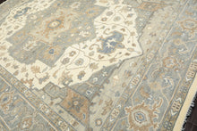 10x14 Hand Knotted Wool Gray Ivory Oushak All-Over Floral Lattice Heriz Rug
