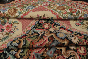 8x10 Black, Rose, Ivory Color Hand Woven Aubusson Needlepoint  Wool Traditional Oriental Rug