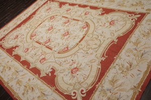 8x10 Ivory, Gold, Orange Color Hand Woven Aubusson Needlepoint  Wool & Silk Traditional Oriental Rug