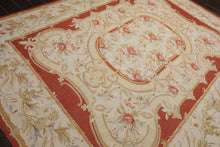 8x10 Ivory, Gold, Orange Color Hand Woven Aubusson Needlepoint  Wool & Silk Traditional Oriental Rug