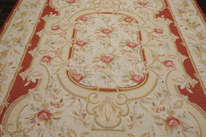 8x10 Ivory, Gold, Orange Color Hand Woven Aubusson Needlepoint  Wool & Silk Traditional Oriental Rug