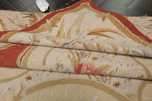 8x10 Ivory, Gold, Orange Color Hand Woven Aubusson Needlepoint  Wool & Silk Traditional Oriental Rug
