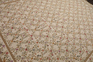 8x10 Ivory, Gold, Green Color Hand Woven Aubusson Needlepoint  Wool Traditional Oriental Rug