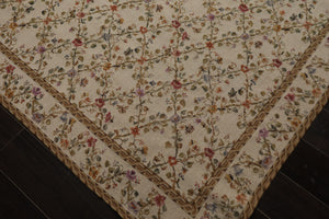 8x10 Ivory, Gold, Green Color Hand Woven Aubusson Needlepoint  Wool Traditional Oriental Rug