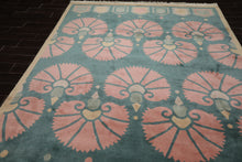 8x10 Turquoise, Rose, Beige Color Hand Knotted Tibetan Wool Transitional Oriental Rug