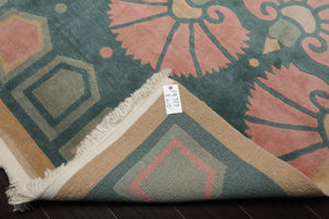 8x10 Turquoise, Rose, Beige Color Hand Knotted Tibetan Wool Transitional Oriental Rug