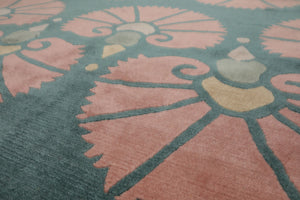 8x10 Turquoise, Rose, Beige Color Hand Knotted Tibetan Wool Transitional Oriental Rug