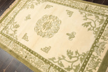4x6 Ivory, Olive, Green Color Hand Knotted Indo-Tibetan Wool Art Deco Oriental Rug