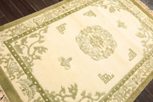 4x6 Ivory, Olive, Green Color Hand Knotted Indo-Tibetan Wool Art Deco Oriental Rug