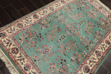 4x6 Turquoise, Ivory, Rose Color Hand Knotted Indo Kashan Wool Traditional Oriental Rug