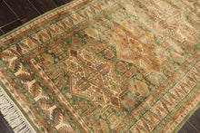 4x6 Green, Ivory, Tan Color Hand Knotted Kazak Wool Traditional Oriental Rug
