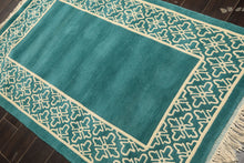 4x6 Turquoise, Ivory, Color Hand Knotted Indo Tibetan Wool Transitional Oriental Rug