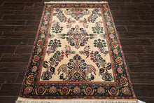 4x6 Ivory, Green, Rose Color Hand Knotted Indo Sarouk New Zealand Wool Traditional Oriental Rug