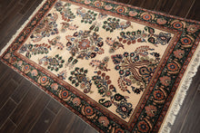 4x6 Ivory, Green, Rose Color Hand Knotted Indo Sarouk New Zealand Wool Traditional Oriental Rug