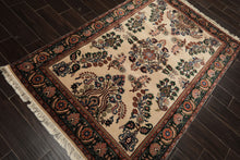 4x6 Ivory, Green, Rose Color Hand Knotted Indo Sarouk New Zealand Wool Traditional Oriental Rug