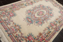 5x8 Ivory, Aqua, Taupe Color Hand Knotted French Aubusson Savonnerie Wool Traditional Oriental Rug