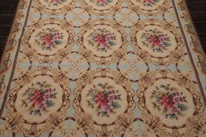 6x8 Aqua, Beige, Tan Color Hand Woven Aubusson Needlepoint Wool Traditional Oriental Rug