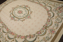 8x11 Ivory, Green, Aqua Color Hand Woven Aubusson Needlepoint Wool Traditional Oriental Rug