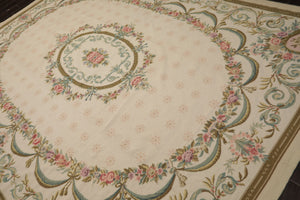 8x11 Ivory, Green, Aqua Color Hand Woven Aubusson Needlepoint Wool Traditional Oriental Rug