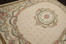 8x11 Ivory, Green, Aqua Color Hand Woven Aubusson Needlepoint Wool Traditional Oriental Rug