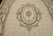 8x11 Ivory, Green, Aqua Color Hand Woven Aubusson Needlepoint Wool Traditional Oriental Rug