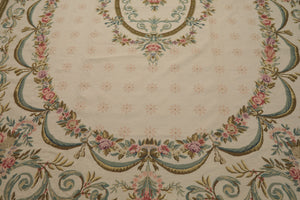 8x11 Ivory, Green, Aqua Color Hand Woven Aubusson Needlepoint Wool Traditional Oriental Rug