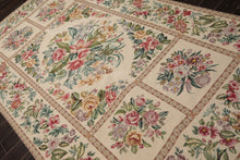 6x10 Ivory, Aqua, Rose Color Hand Woven Aubusson Needlepoint Wool Traditional Oriental Rug
