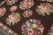 6x9 Chocolate, Pink, Green Color Hand Woven Aubusson Needlepoint Wool Traditional Oriental Rug